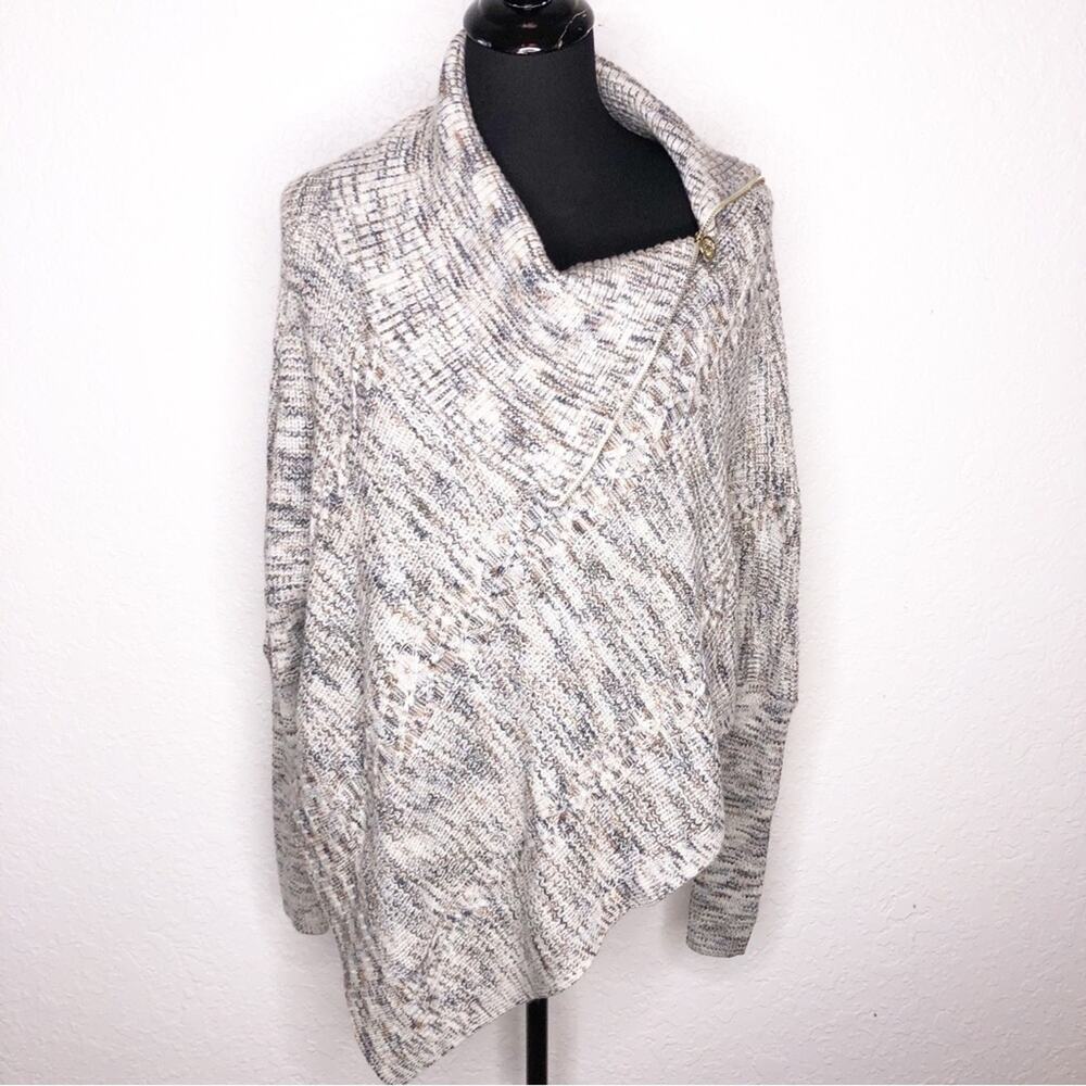 WHBM cream gray brown marled asymmetrical zipper collar sweater size XS / Small